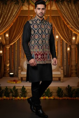 Grey Silk Embroidered Mens Koti