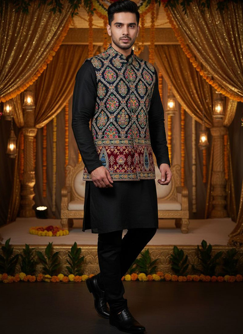 Grey Silk Embroidered Mens Koti