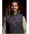 Navy Blue Silk Embroidered Mens Koti