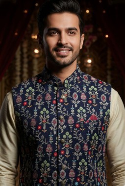 Navy Blue Silk Embroidered Mens Koti