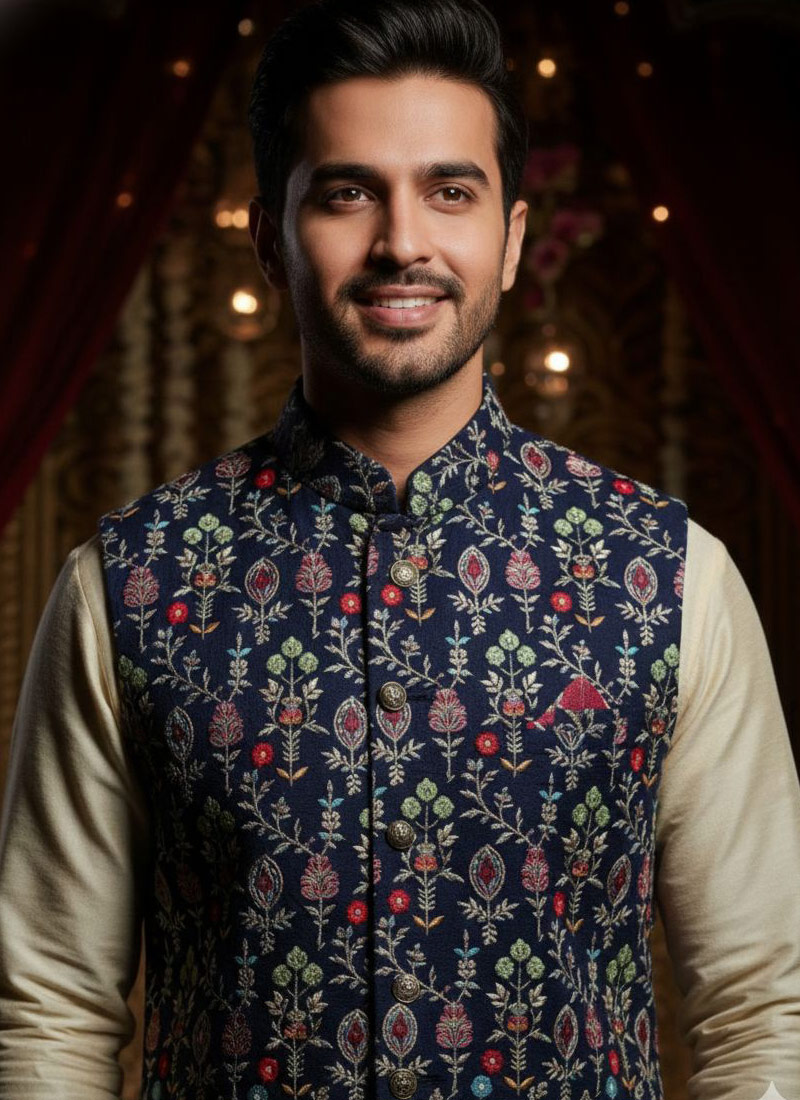Navy Blue Silk Embroidered Mens Koti