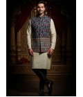Navy Blue Silk Embroidered Mens Koti