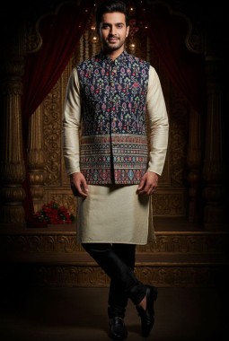 Navy Blue Silk Embroidered Mens Koti