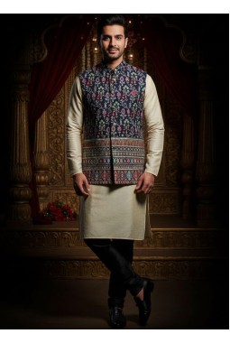 Navy Blue Silk Embroidered Mens Koti