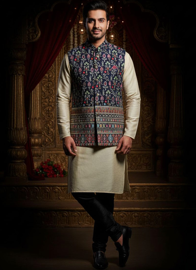 Navy Blue Silk Embroidered Mens Koti