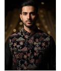 Black Velvet Thread Embroidered Mens Koti