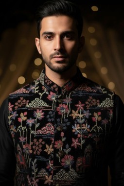 Black Velvet Thread Embroidered Mens Koti