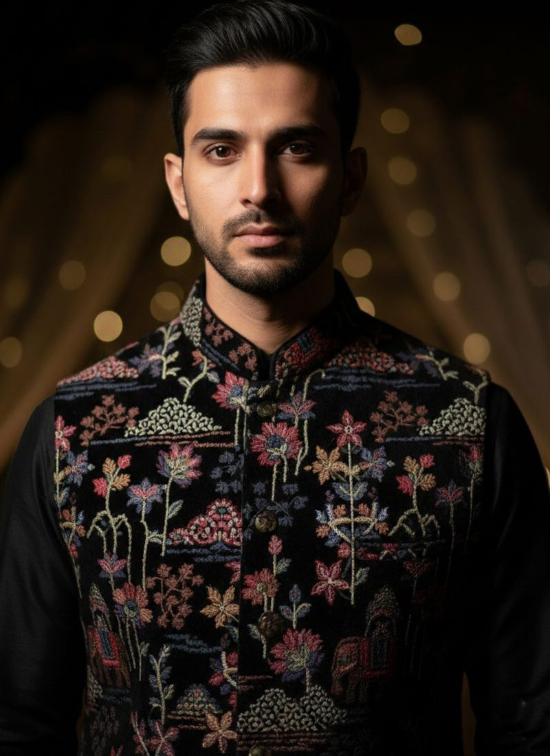 Black Velvet Thread Embroidered Mens Koti