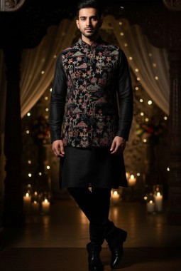 Black Velvet Thread Embroidered Mens Koti