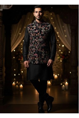 Black Velvet Thread Embroidered Mens Koti