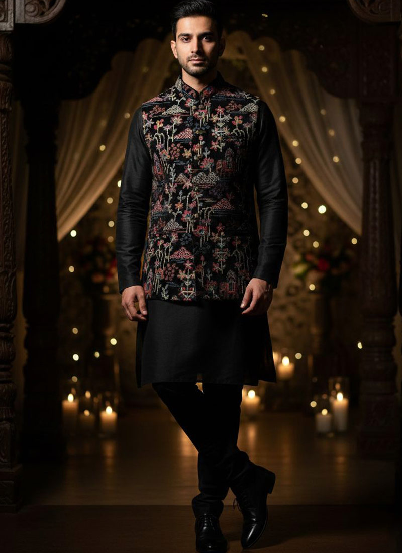 Black Velvet Thread Embroidered Mens Koti