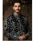 Black Georgette Embroidered Mens Kurta With Pant