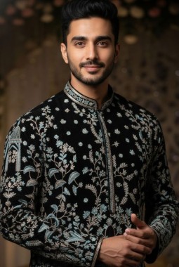 Black Georgette Embroidered Mens Kurta With Pant