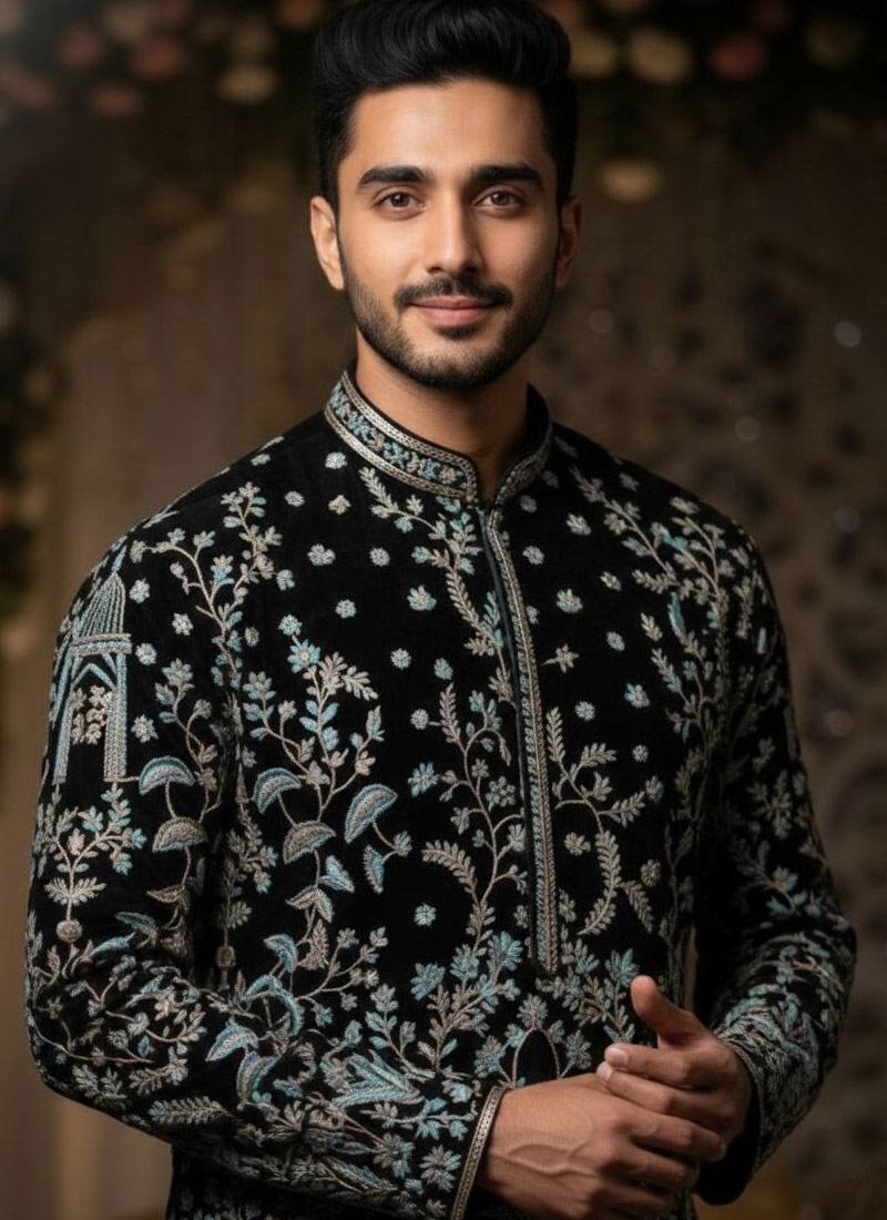 Black Georgette Embroidered Mens Kurta With Pant