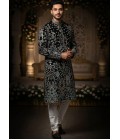 Black Georgette Embroidered Mens Kurta With Pant