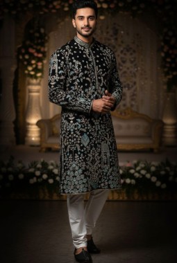 Black Georgette Embroidered Mens Kurta With Pant