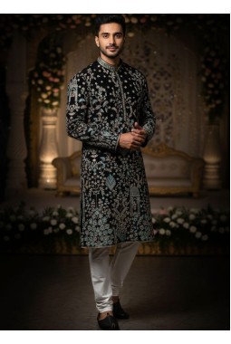 Black Georgette Embroidered Mens Kurta With Pant