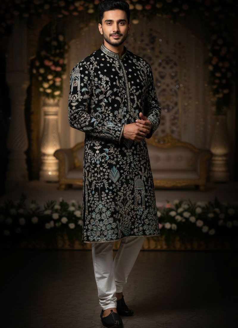 Black Georgette Embroidered Mens Kurta With Pant