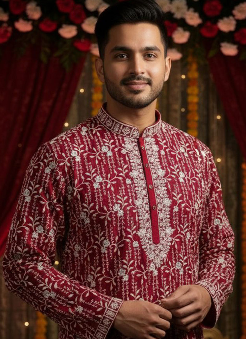 Rani Georgette Embroidered Mens Kurta With Patiala
