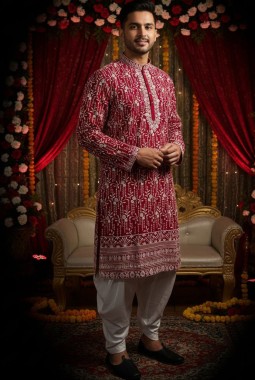 Rani Georgette Embroidered Mens Kurta With Patiala