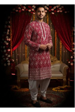 Rani Georgette Embroidered Mens Kurta With Patiala