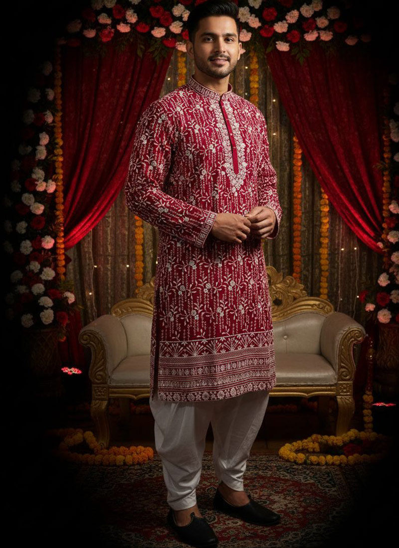 Rani Georgette Embroidered Mens Kurta With Patiala