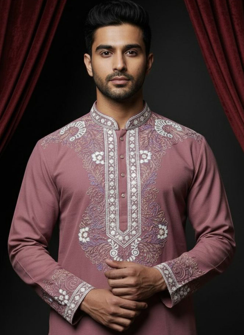 Gajri Soft Silk Multi Resham Dori Mens Kurta With Patiala