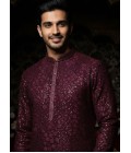 Wine Georgette Embroidered Mens Kurta With Pant