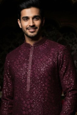Wine Georgette Embroidered Mens Kurta With Pant
