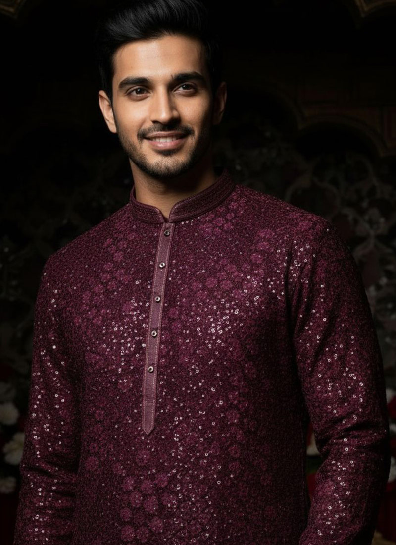 Wine Georgette Embroidered Mens Kurta With Pant