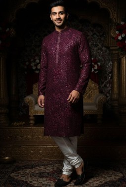 Wine Georgette Embroidered Mens Kurta With Pant