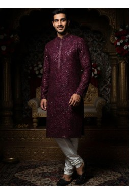 Wine Georgette Embroidered Mens Kurta With Pant