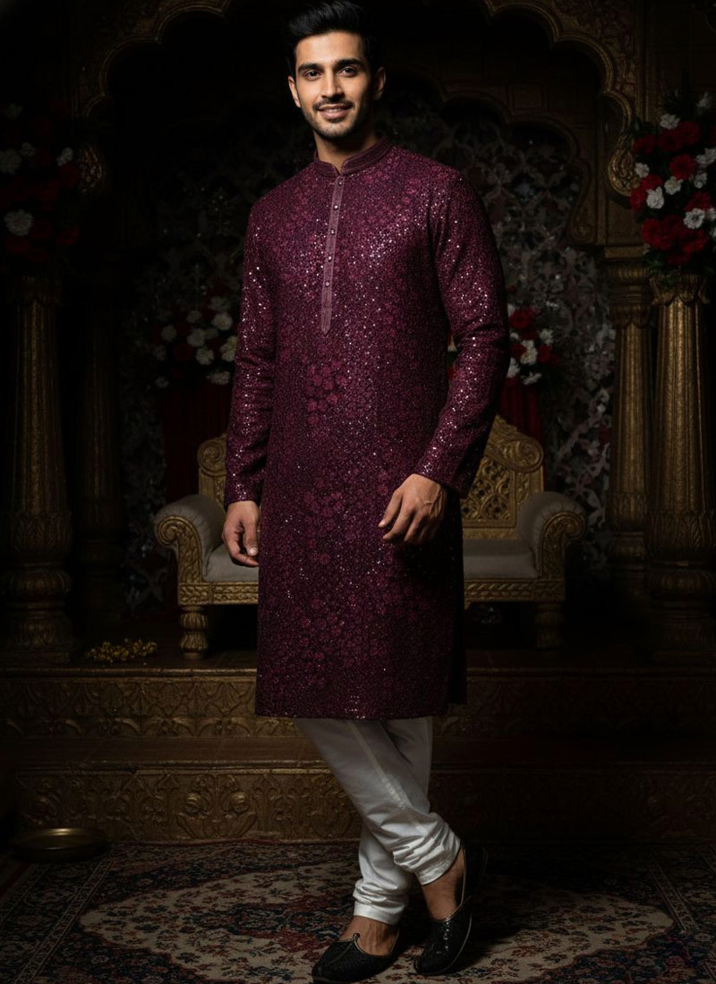 Wine Georgette Embroidered Mens Kurta With Pant