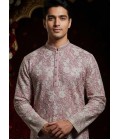 Peach Tissue Embroidered Mens Kurta With Pant