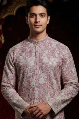 Peach Tissue Embroidered Mens Kurta With Pant