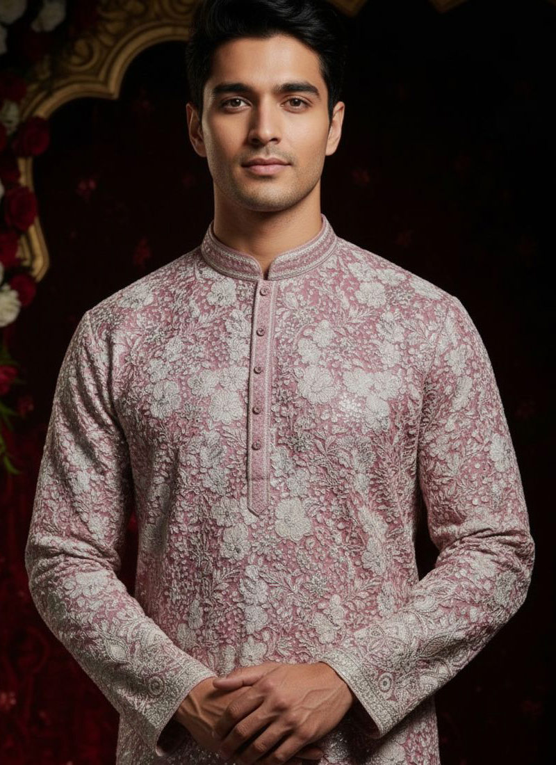 Peach Tissue Embroidered Mens Kurta With Pant