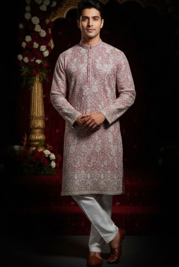 Peach Tissue Embroidered Mens Kurta With Pant