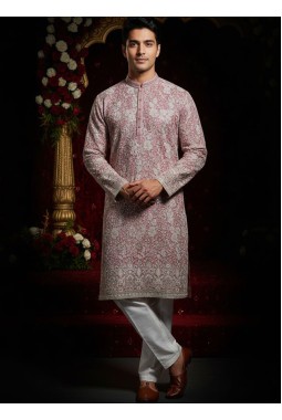 Peach Tissue Embroidered Mens Kurta With Pant