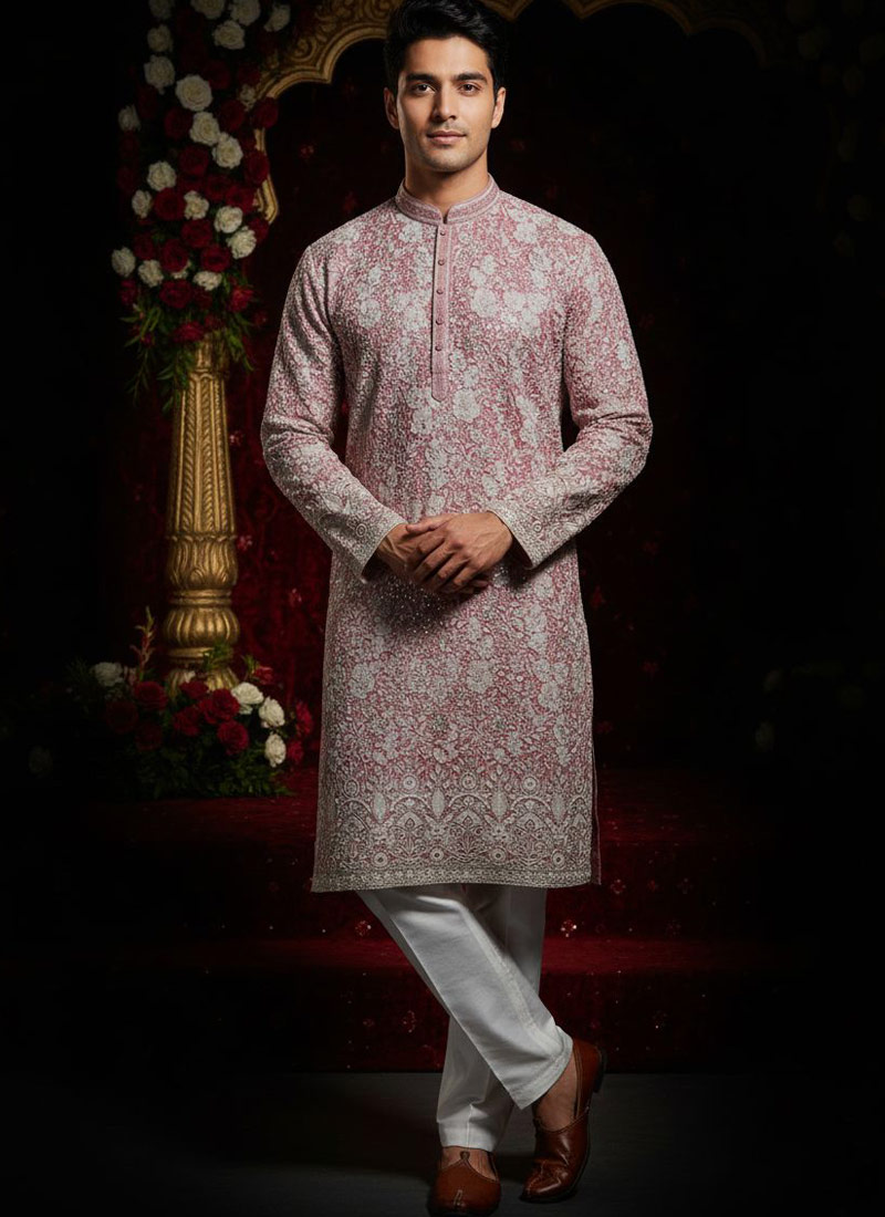 Peach Tissue Embroidered Mens Kurta With Pant