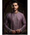 Purple Silk Embroidered Mens Kurta With Patiala