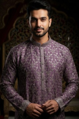 Purple Silk Embroidered Mens Kurta With Patiala