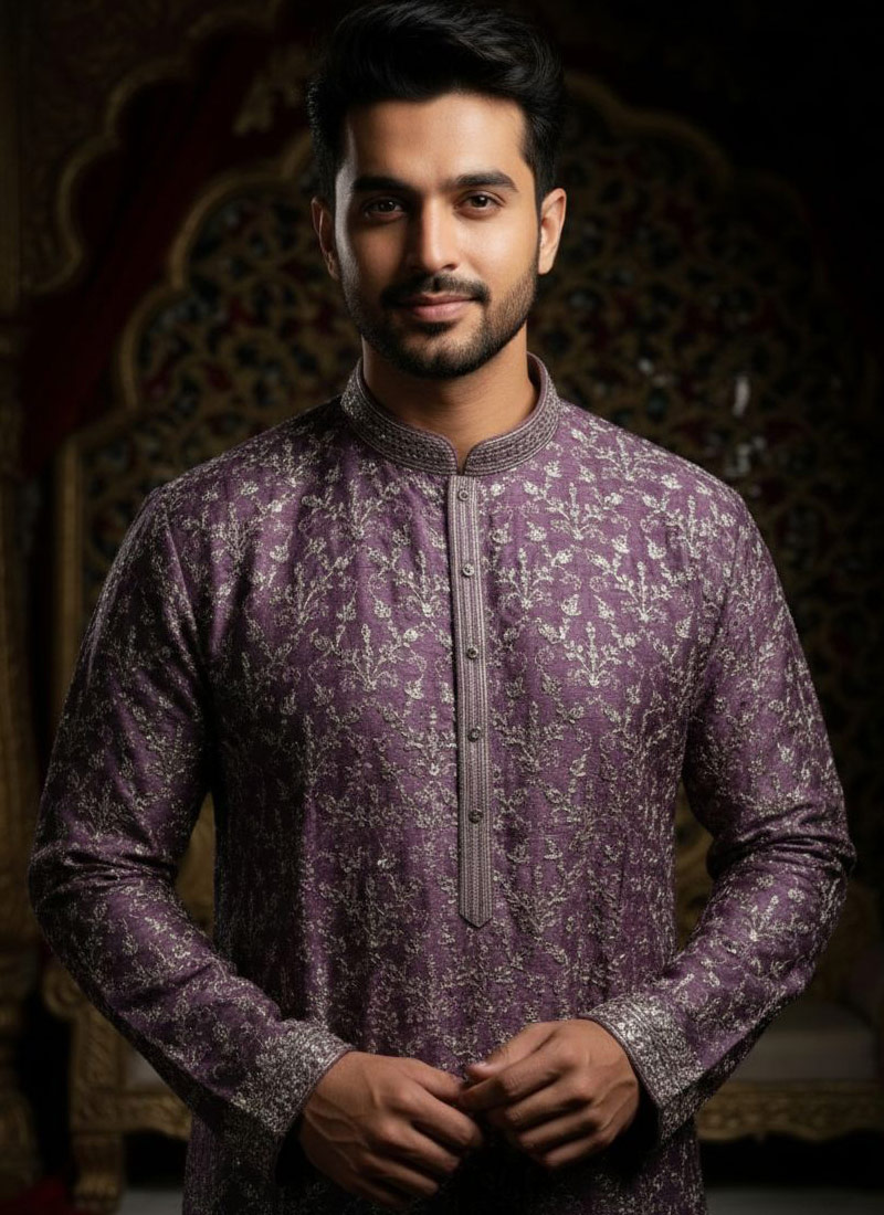 Purple Silk Embroidered Mens Kurta With Patiala
