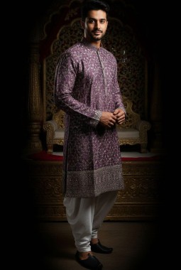 Purple Silk Embroidered Mens Kurta With Patiala