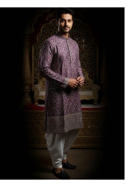 Purple Silk Embroidered Mens Kurta With Patiala