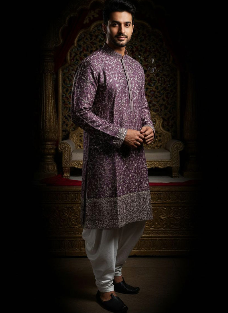 Purple Silk Embroidered Mens Kurta With Patiala