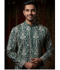 Forest Green Georgette Embroidered Mens Kurta With Patiala