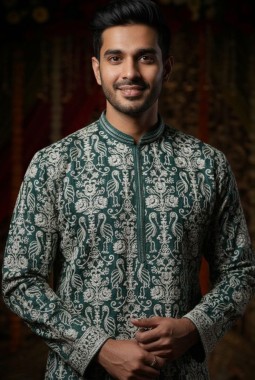 Forest Green Georgette Embroidered Mens Kurta With Patiala