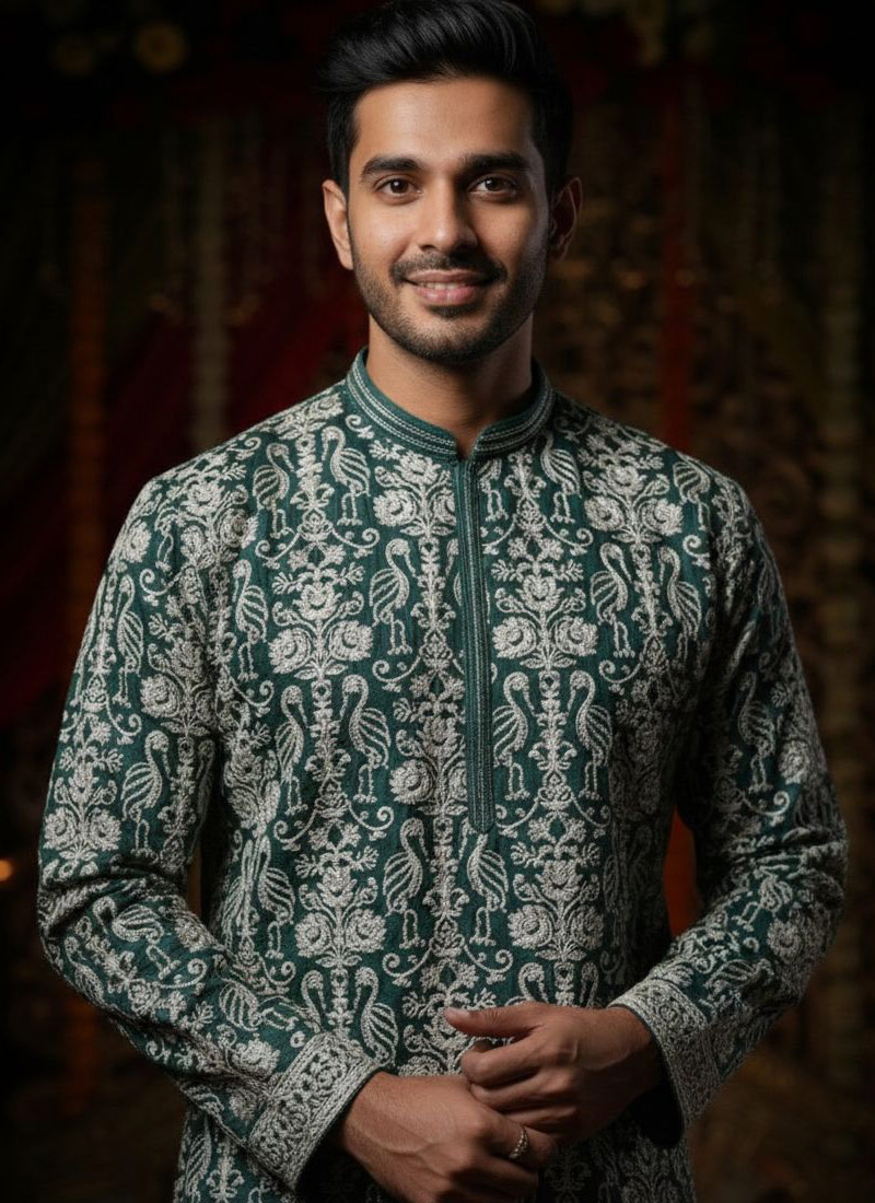 Forest Green Georgette Embroidered Mens Kurta With Patiala