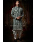 Forest Green Georgette Embroidered Mens Kurta With Patiala
