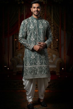 Forest Green Georgette Embroidered Mens Kurta With Patiala